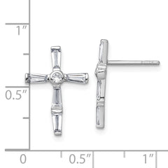QG7209E Sterling Silver Rhodium-plated Polished White Baguette CZ Cross Post Earrings