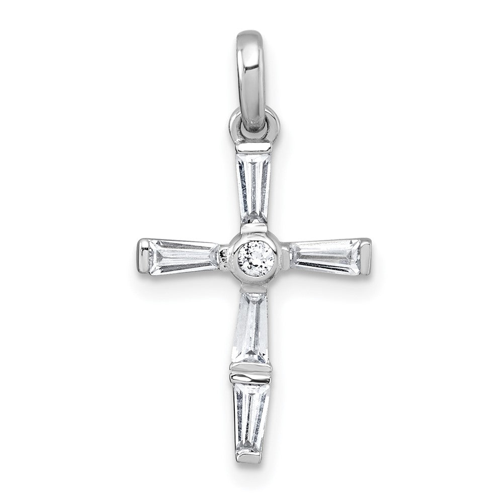Sterling Silver Rhodium-plated Polished White Baguette CZ Cross Pendant QG7209P