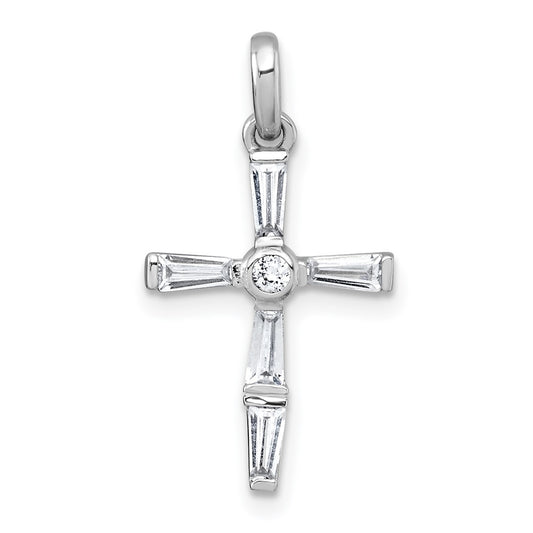 Sterling Silver Rhodium-plated Polished White Baguette CZ Cross Pendant QG7209P