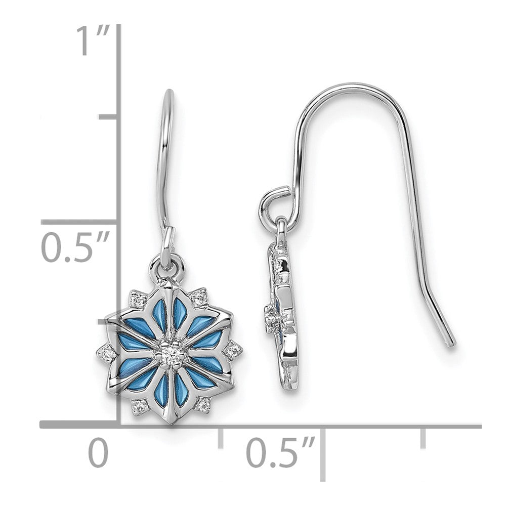 QG7211E Sterling Silver Rhodium-plated Blue Enamel and White CZ Snowflake Dangle Earrings