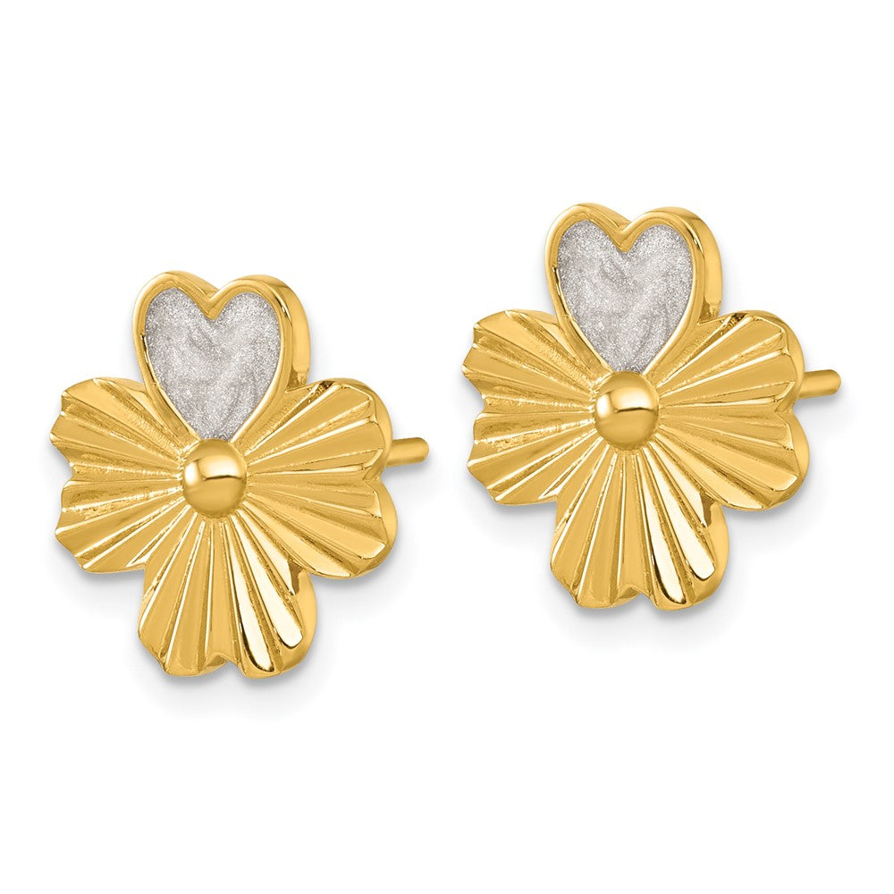 QG7215E Sterling Silver Gold-tone Polished with White Enamel Lucky 4-Leaf Clover Post Earrings