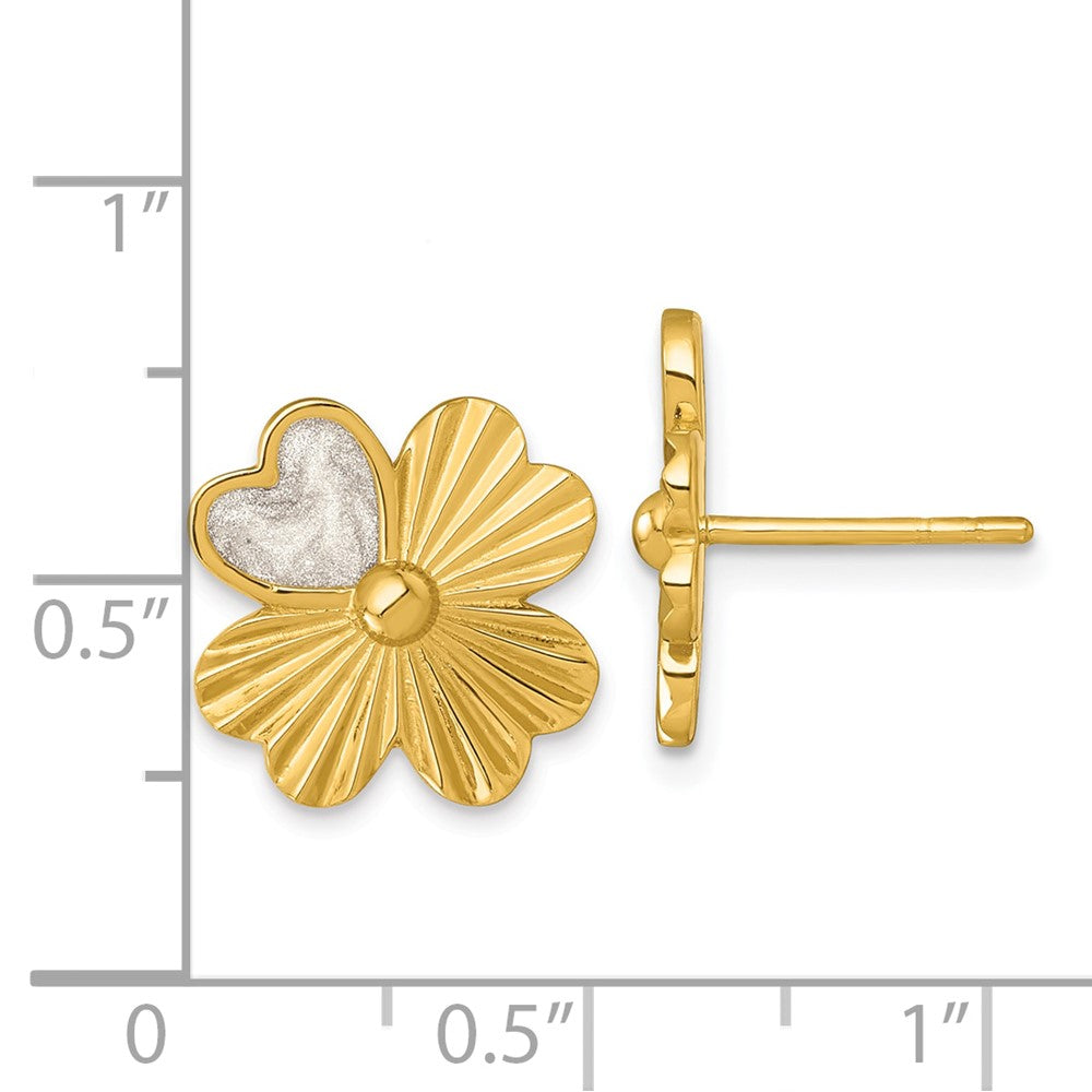 QG7215E Sterling Silver Gold-tone Polished with White Enamel Lucky 4-Leaf Clover Post Earrings