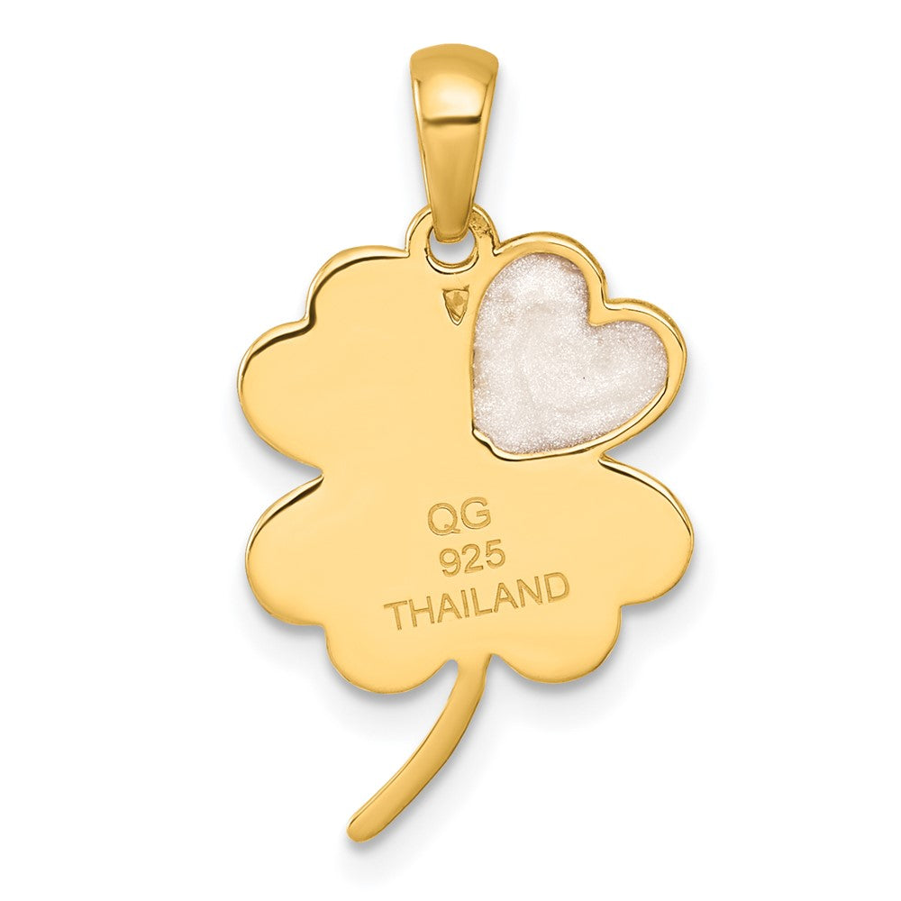Sterling Silver Gold-tone Polished with White Enamel Lucky 4-Leaf Clover Pendant QG7215P