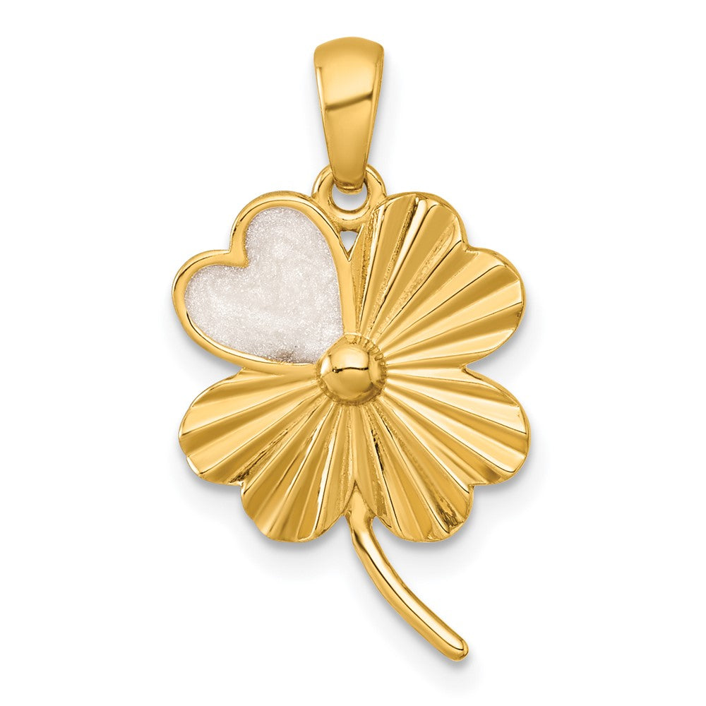 Sterling Silver Gold-tone Polished with White Enamel Lucky 4-Leaf Clover Pendant QG7215P