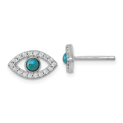 QG7216E Sterling Silver Rhodium-plated Polished CZ and Compressed Turquoise Cabochon Evil Eye Post Earrings