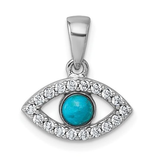 Sterling Silver Rhodium-plated Polished CZ and Compressed Turquoise Cabochon Evil Eye Pendant QG7216P