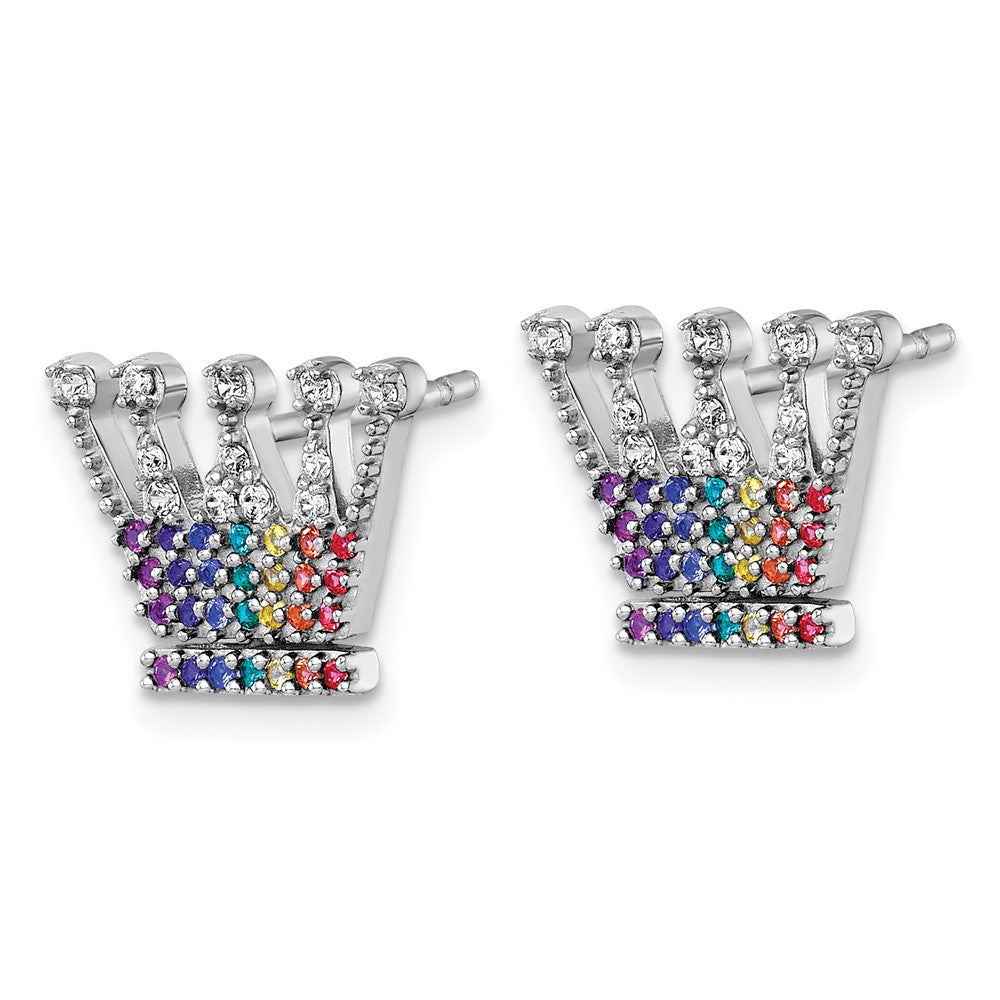 QG7217E Sterling Silver Rhodium-plated Polished Rainbow Nano Crystals Crown Post Earrings