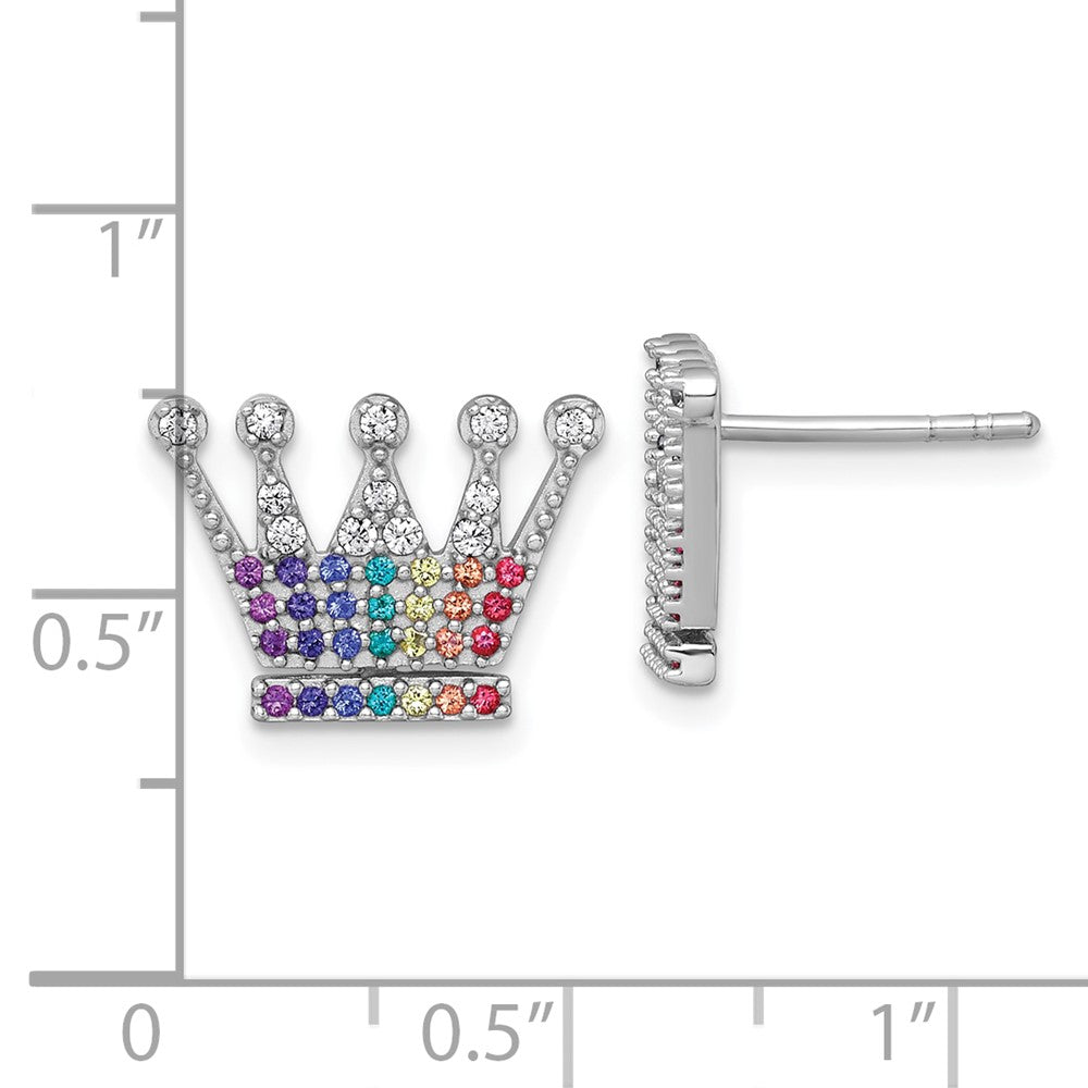 QG7217E Sterling Silver Rhodium-plated Polished Rainbow Nano Crystals Crown Post Earrings
