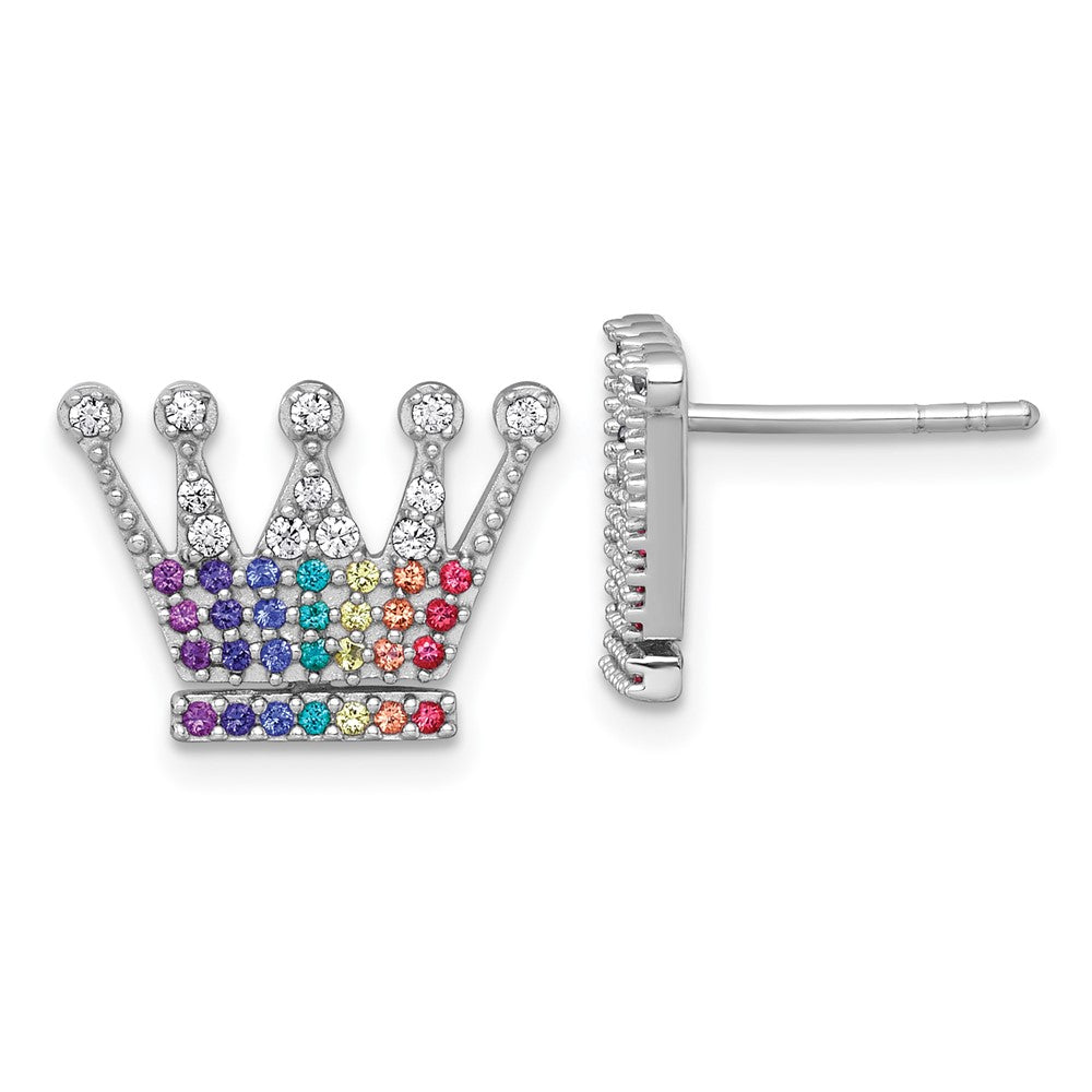QG7217E Sterling Silver Rhodium-plated Polished Rainbow Nano Crystals Crown Post Earrings