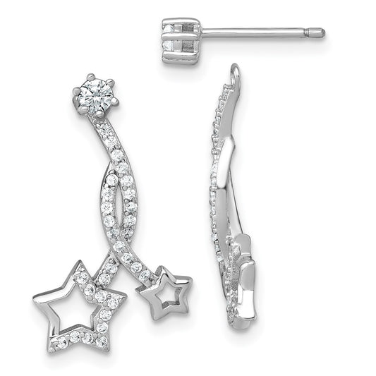 QG7218E Sterling Silver Rhodium-plated Polished CZ Stud with Removeable Shooting Stars Jacket Earrings