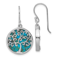 QG7220E Sterling Silver Rhodium-plated Polished Compressed Turquoise Tree Of Life Shepherd Hook Earrings