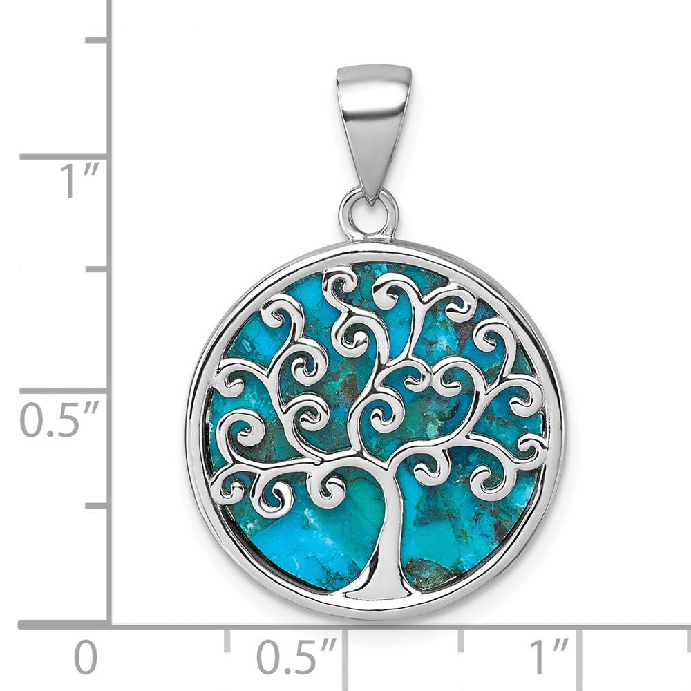 Sterling Silver Rhodium-plated Polished Compressed Turquoise Tree Of Life Pendant QG7220P