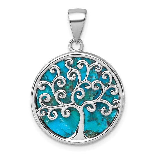 Sterling Silver Rhodium-plated Polished Compressed Turquoise Tree Of Life Pendant QG7220P