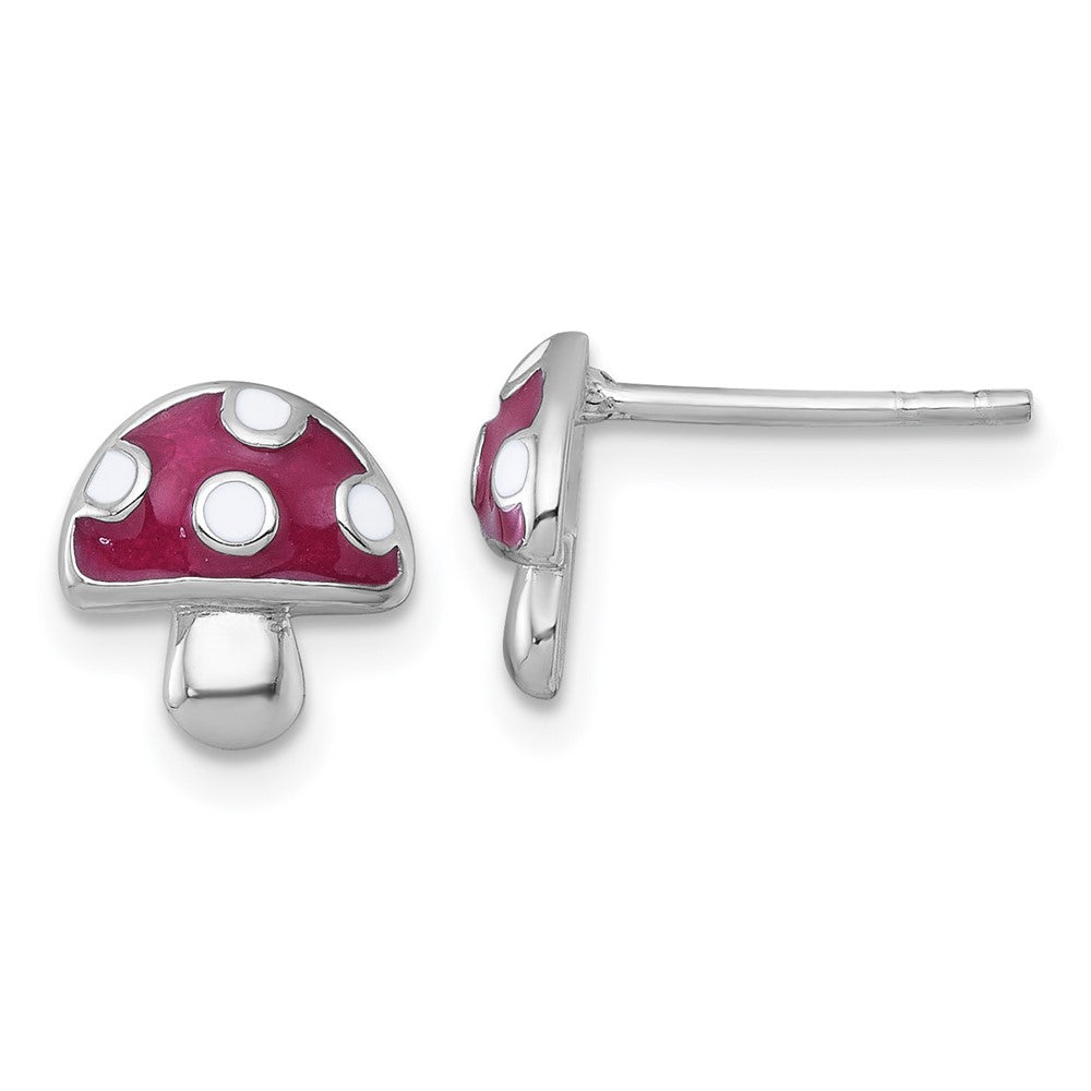 QG7221E Sterling Silver Rhodium-plated Polished Red and White Enameled Mushroom Post Earrings
