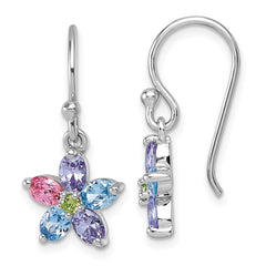 QG7223E Sterling Silver Rhodium-plated Polished Purple, Pink, Blue and Green CZ Flower Dangle Shepherd Hook Earrings