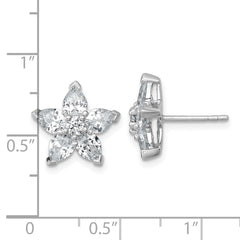 QG7224E Sterling Silver Rhodium-plated Polished Round and Pear CZ Flower Post Earrings