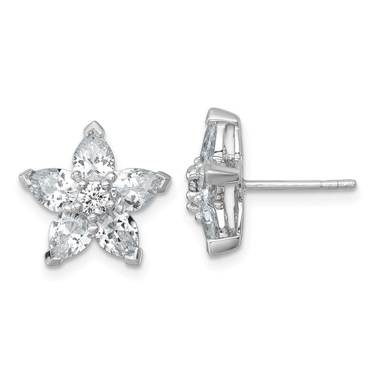 QG7224E Sterling Silver Rhodium-plated Polished Round and Pear CZ Flower Post Earrings