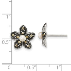 QG7225E Sterling Silver Antiqued Marcasite and Freshwater Cultured Pearl Fancy Flower Post Earrings
