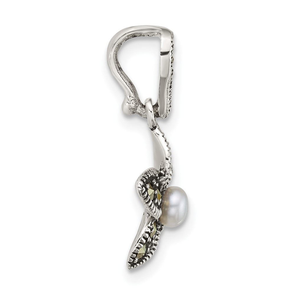 Sterling Silver Antiqued Marcasite and Freshwater Cultured Pearl Fancy Flower Pendant QG7225P
