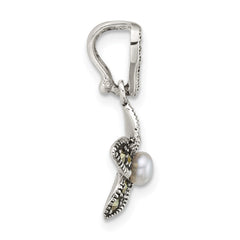 Sterling Silver Antiqued Marcasite and Freshwater Cultured Pearl Fancy Flower Pendant QG7225P