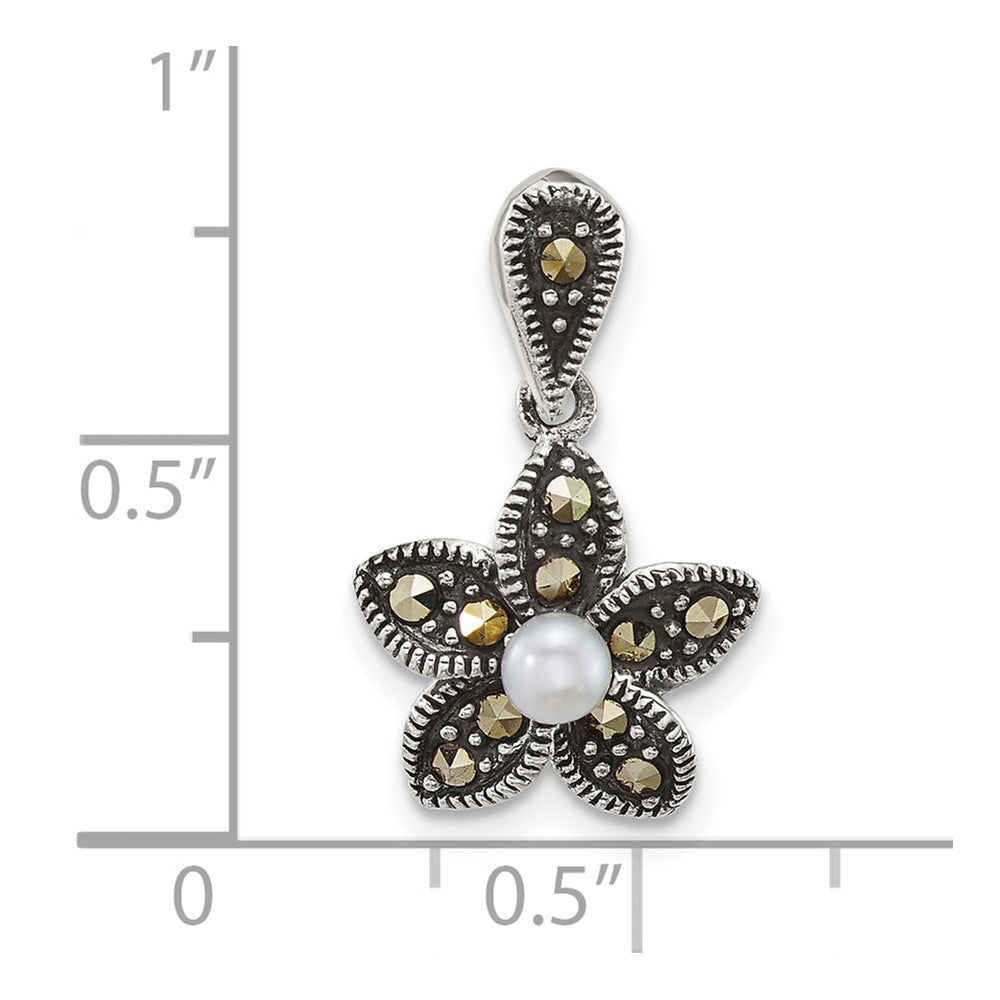 Sterling Silver Antiqued Marcasite and Freshwater Cultured Pearl Fancy Flower Pendant QG7225P