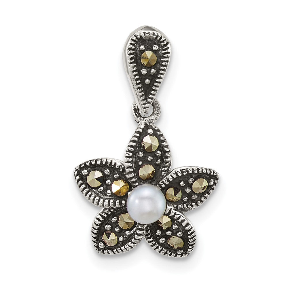 Sterling Silver Antiqued Marcasite and Freshwater Cultured Pearl Fancy Flower Pendant QG7225P