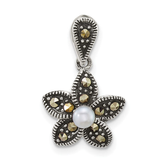 Sterling Silver Antiqued Marcasite and Freshwater Cultured Pearl Fancy Flower Pendant QG7225P