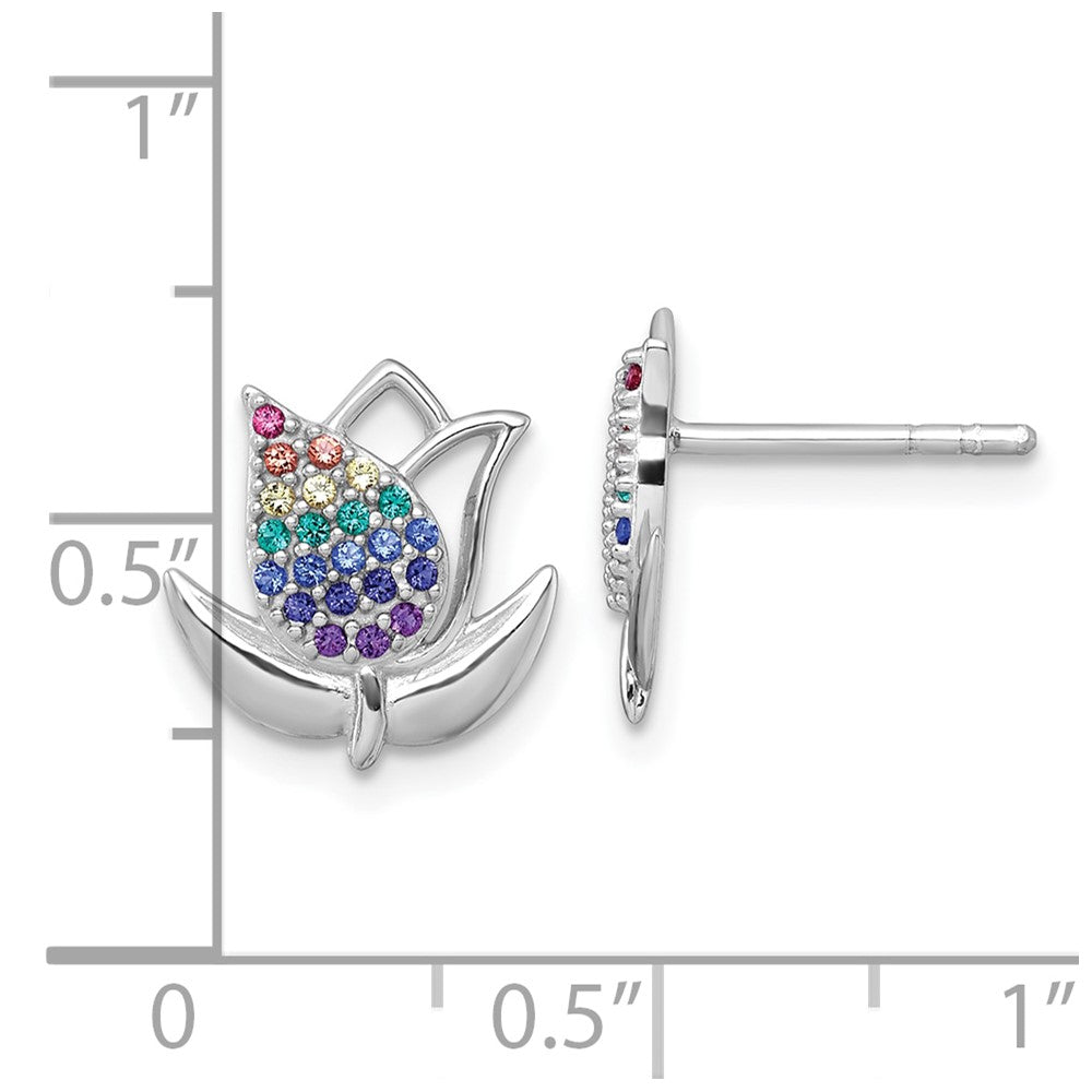 QG7226E Sterling Silver Rhodium-plated Polished Rainbow Nano Crystals Tulip Post Earrings