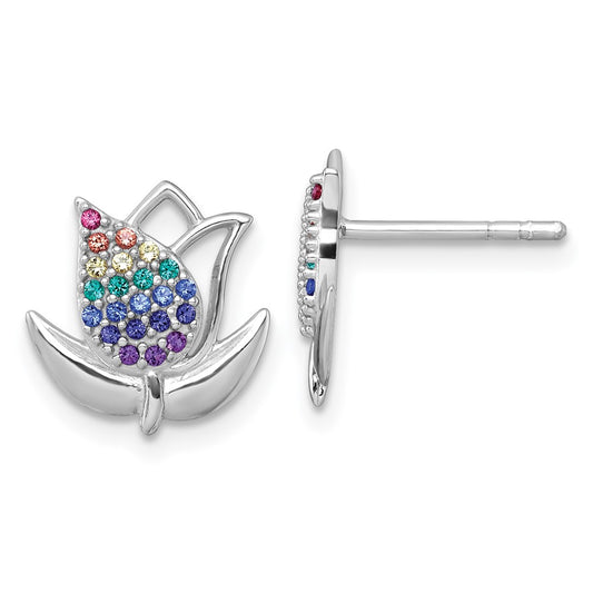 QG7226E Sterling Silver Rhodium-plated Polished Rainbow Nano Crystals Tulip Post Earrings