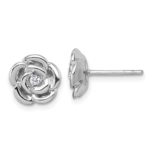QG7227E Sterling Silver Rhodium-plated Polished White CZ Flower Post Earrings