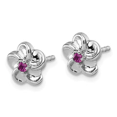 QG7228E Sterling Silver Rhodium-plated Polished Red CZ Flower Post Earrings