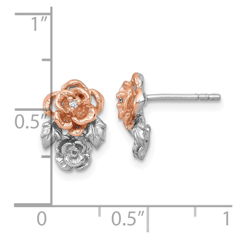QG7229E Sterling Silver Rhodium-plated and Rose Gold-plated CZ Flowers Post Earrings