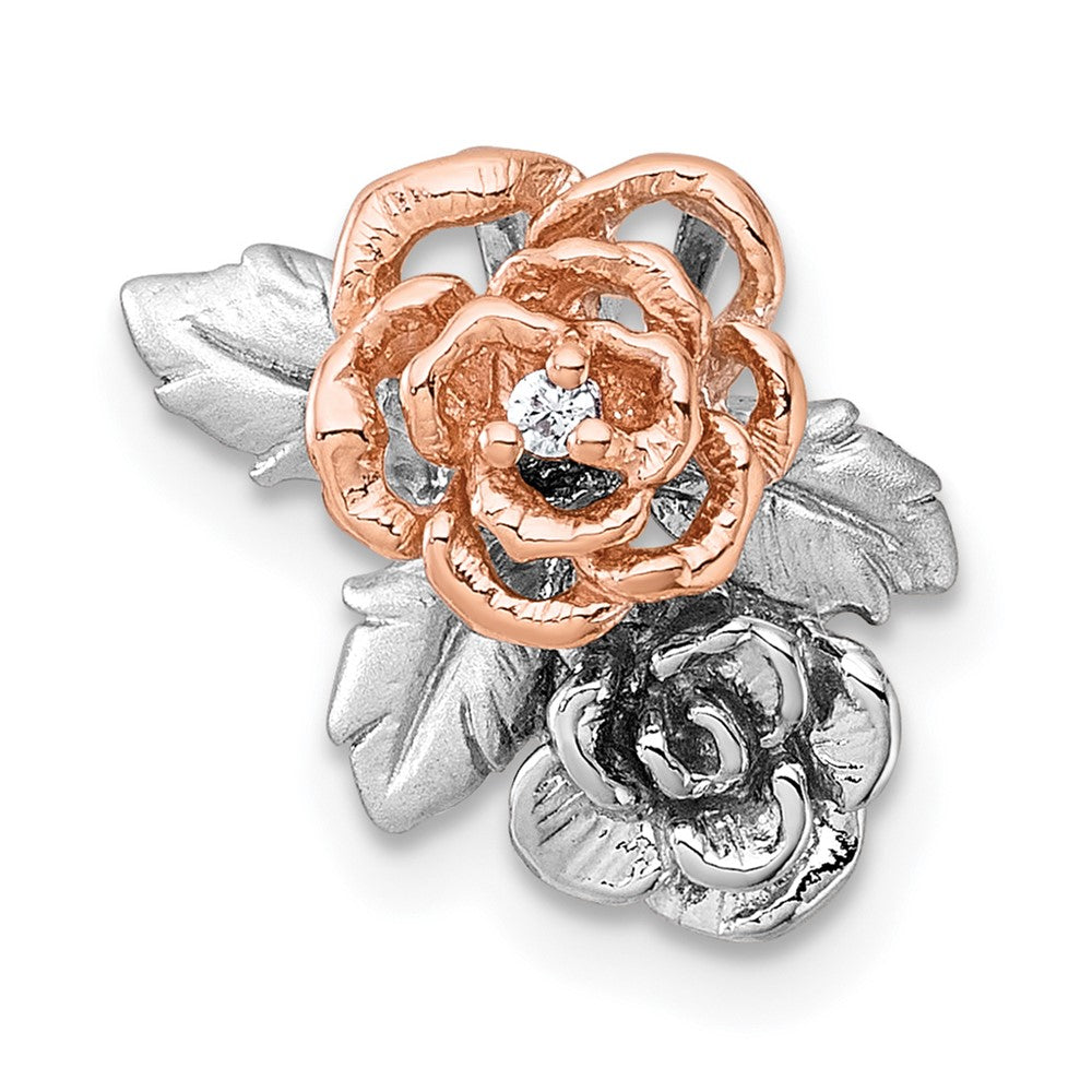 Sterling Silver Rhodium-plated and Rose Gold-plated CZ Flowers Chain Slide Pendant QG7229P
