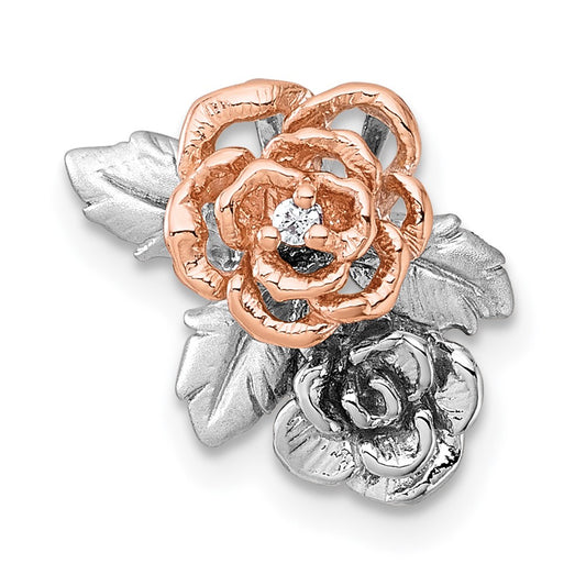 Sterling Silver Rhodium-plated and Rose Gold-plated CZ Flowers Chain Slide Pendant QG7229P