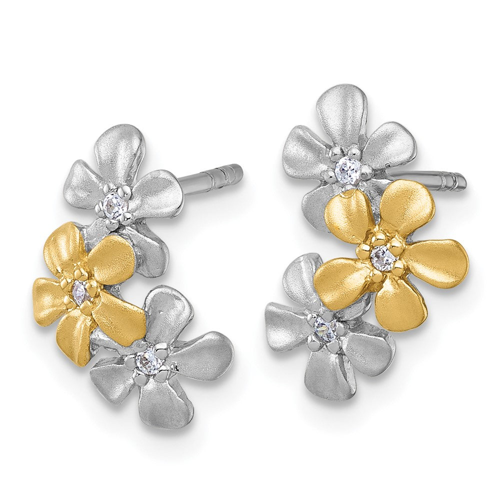 QG7230E Sterling Silver Rhodium-plated and Gold-plated with CZ Three Flowers Post Earrings