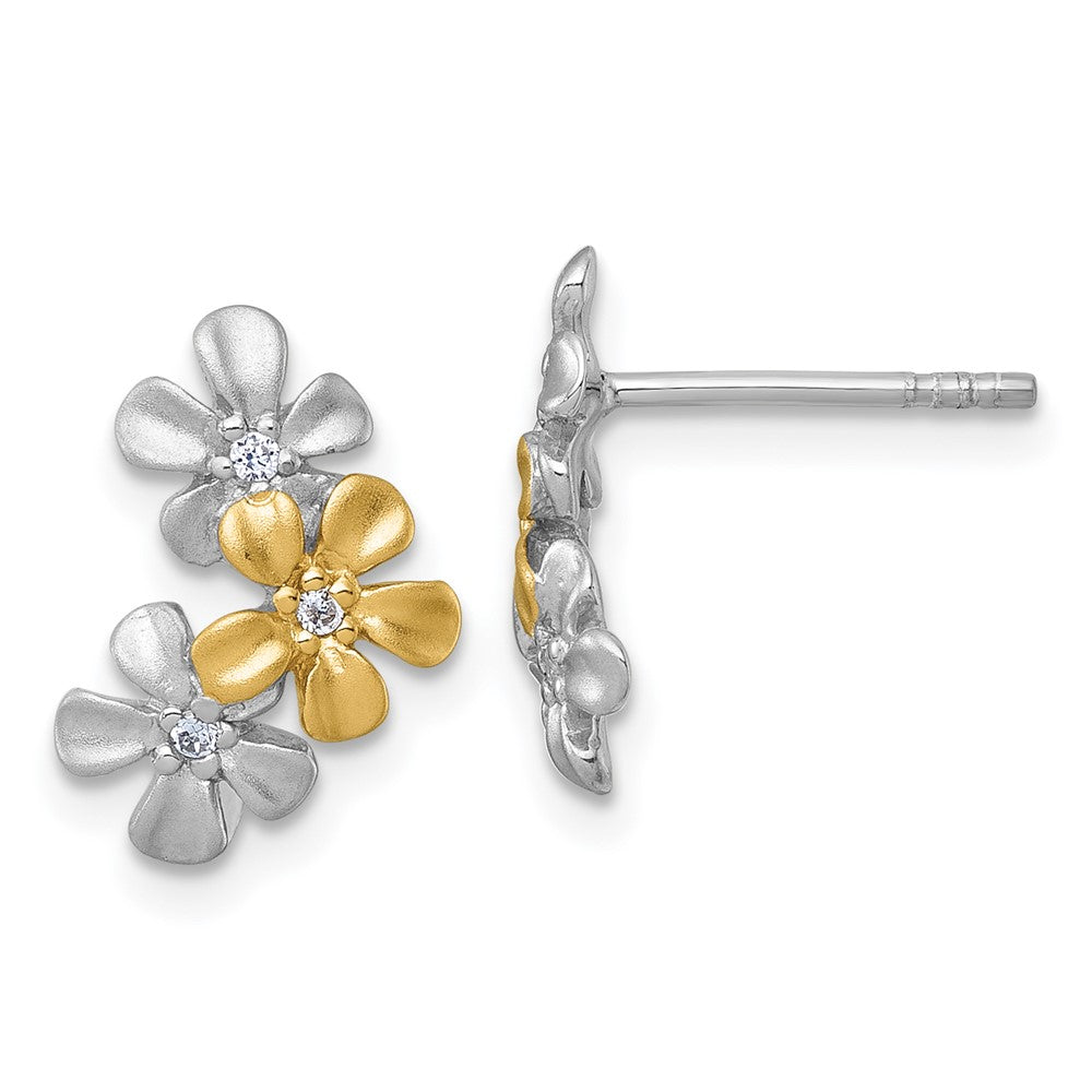 QG7230E Sterling Silver Rhodium-plated and Gold-plated with CZ Three Flowers Post Earrings