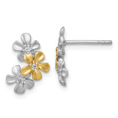 QG7230E Sterling Silver Rhodium-plated and Gold-plated with CZ Three Flowers Post Earrings