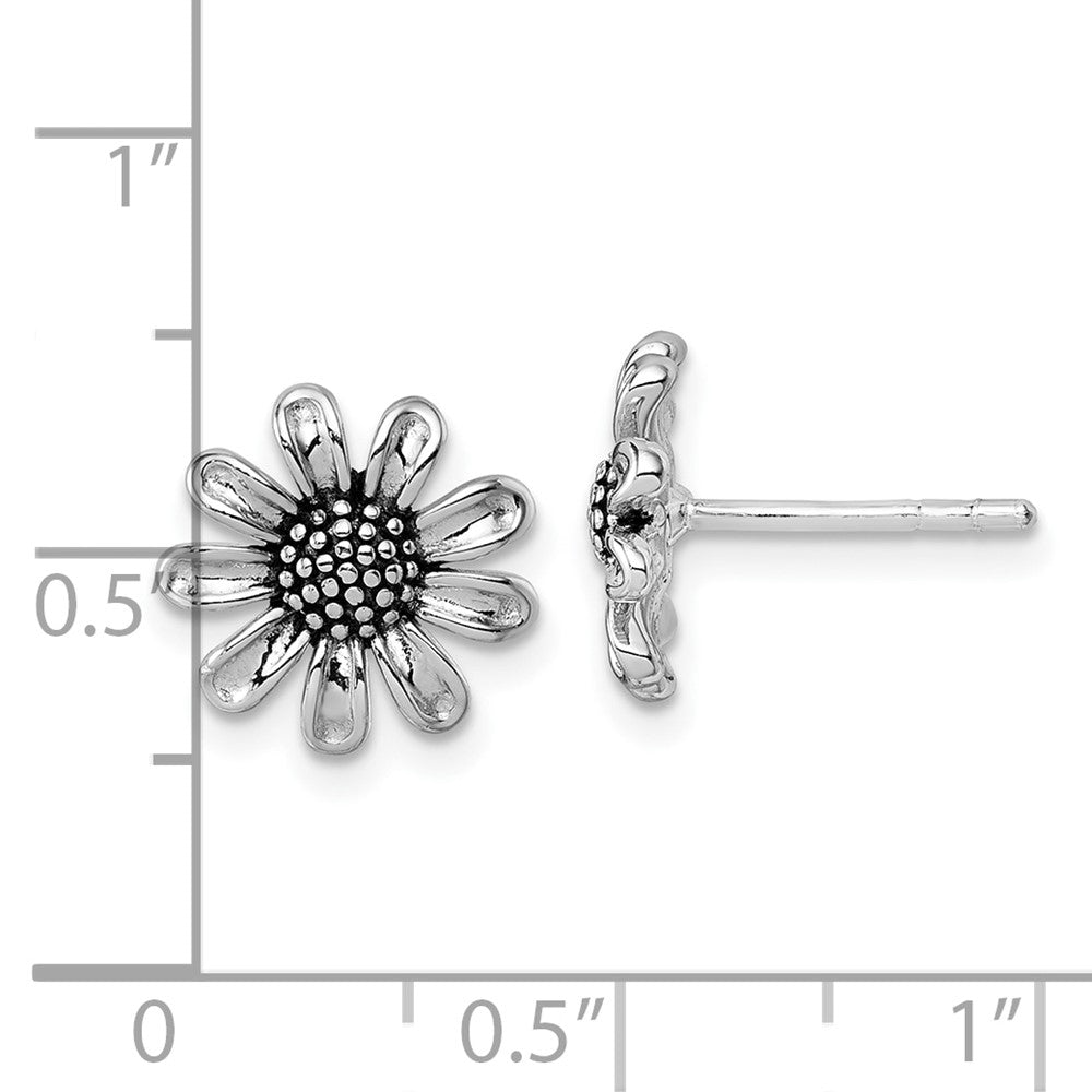 QG7231E Sterling Silver Rhodium-plated Antiqued Sunflower Post Earrings