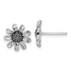 QG7231E Sterling Silver Rhodium-plated Antiqued Sunflower Post Earrings