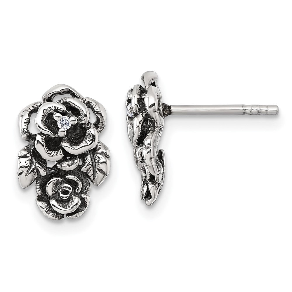 QG7232E Sterling Silver Antiqued Polished CZ Flowers Post Earrings