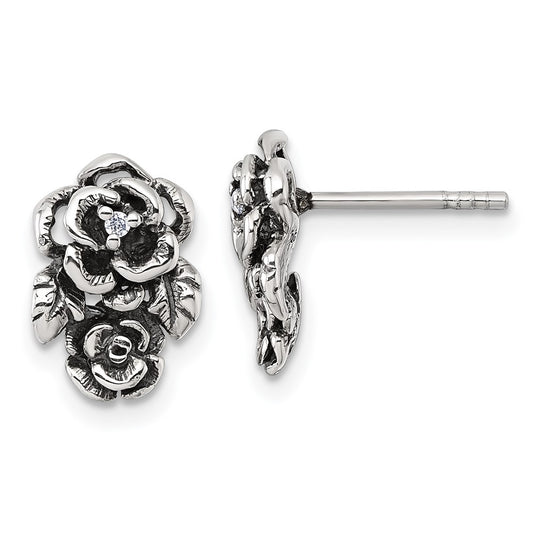 QG7232E Sterling Silver Antiqued Polished CZ Flowers Post Earrings
