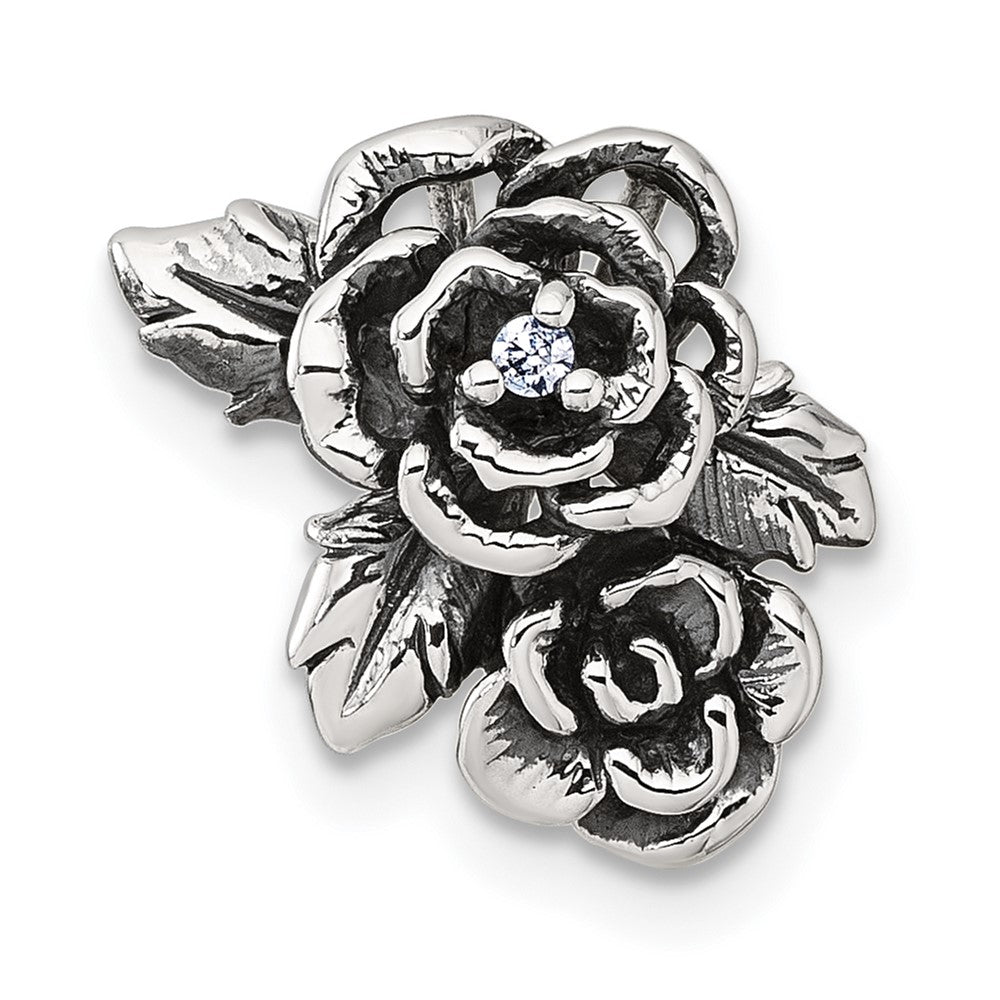 Sterling Silver Antiqued Polished CZ Flowers Chain Slide Pendant QG7232P