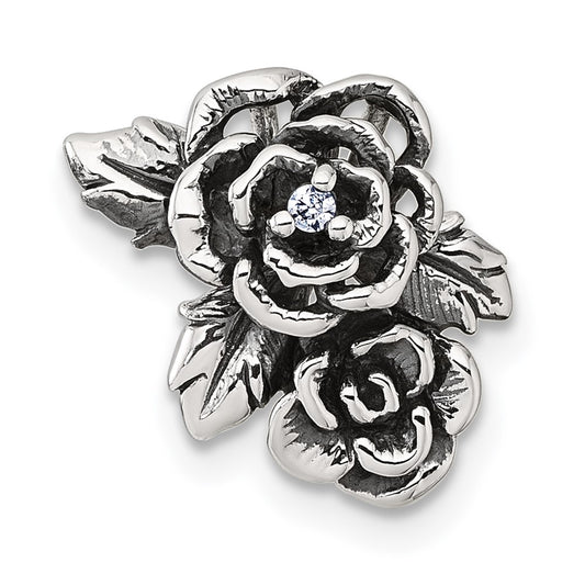 Sterling Silver Antiqued Polished CZ Flowers Chain Slide Pendant QG7232P
