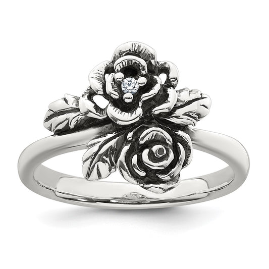 Sterling Silver Antiqued Polished CZ Flowers Size 6 Ring
