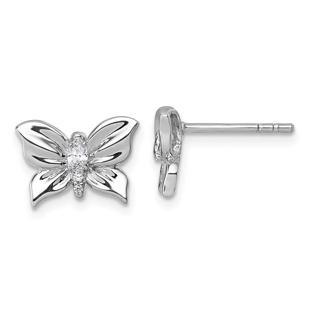 QG7233E Sterling Silver Rhodium-plated Polished White CZ Butterfly Post Earrings