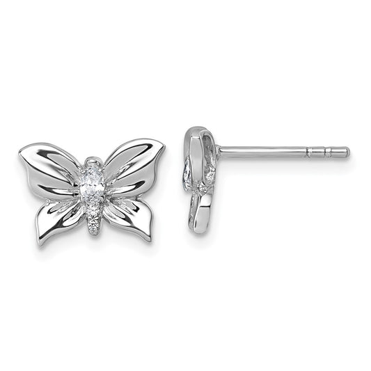 QG7233E Sterling Silver Rhodium-plated Polished White CZ Butterfly Post Earrings