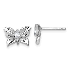 QG7233E Sterling Silver Rhodium-plated Polished White CZ Butterfly Post Earrings
