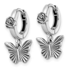 QG7234E Sterling Silver Antiqued Textured Butterfly Dangle With Flower Hinged Hoop Earrings