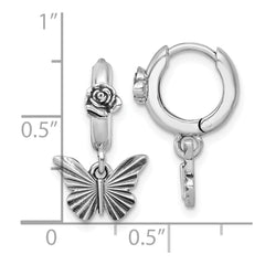 QG7234E Sterling Silver Antiqued Textured Butterfly Dangle With Flower Hinged Hoop Earrings