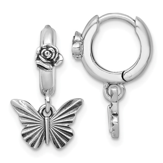 QG7234E Sterling Silver Antiqued Textured Butterfly Dangle With Flower Hinged Hoop Earrings